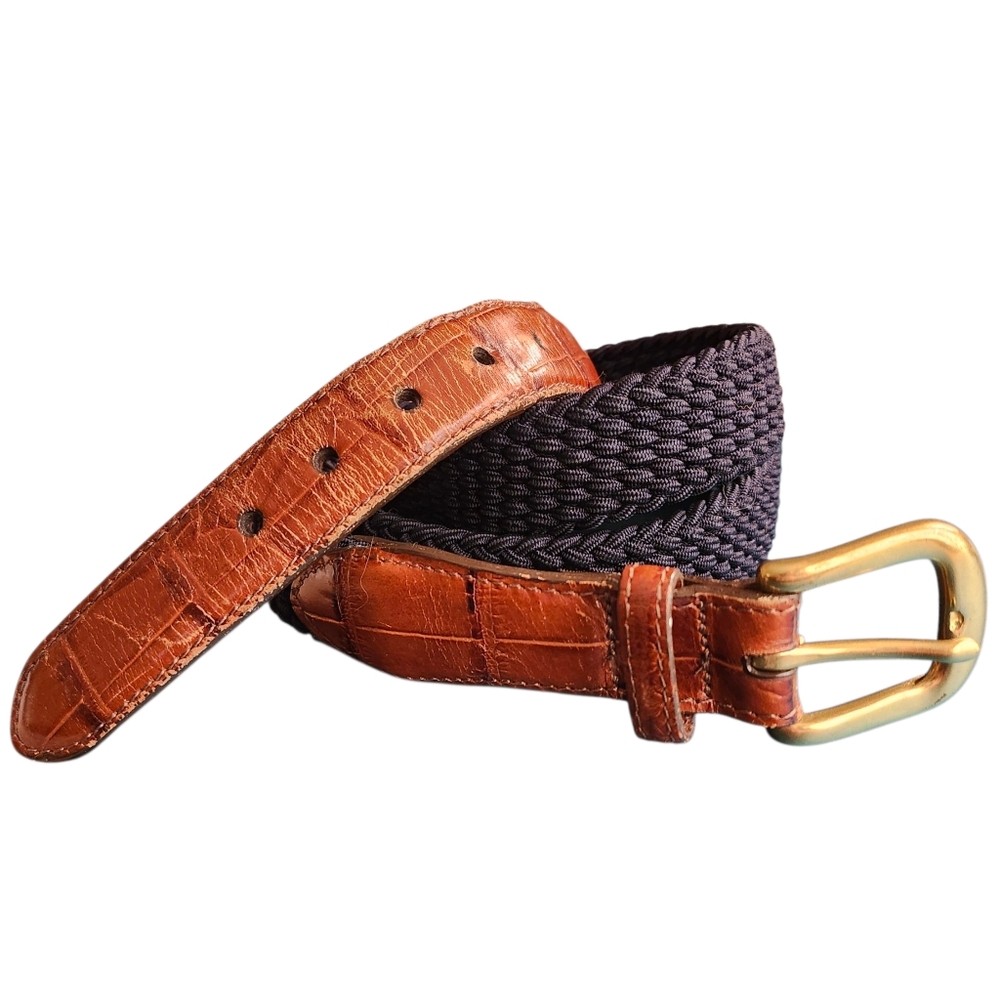 Brighton Brown Leather & Navy Woven Belt with Gold Buckle